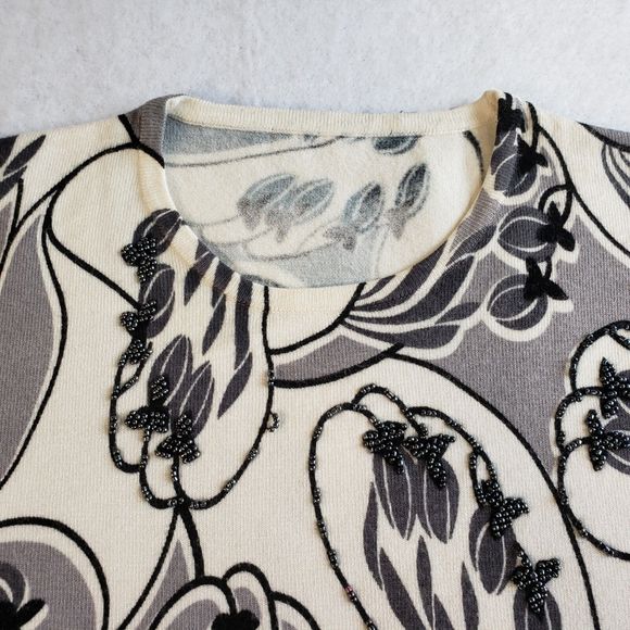 Pierri Pullover Womens Medium Knit Beaded Gray Cream Black Crew Neck VTG Classic - Picture 3 of 11